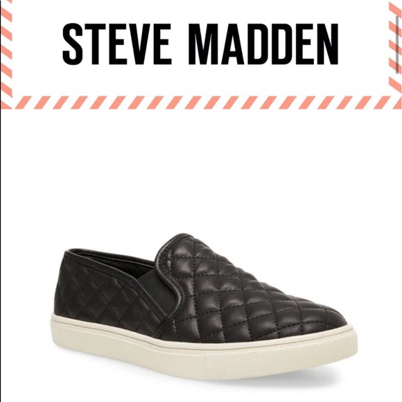 BLACK LEATHER SLIP ON SHOES   7 1/2  7.5B QUILTED  SOFT SOLES  STEVE MADDEN - Picture 1 of 5